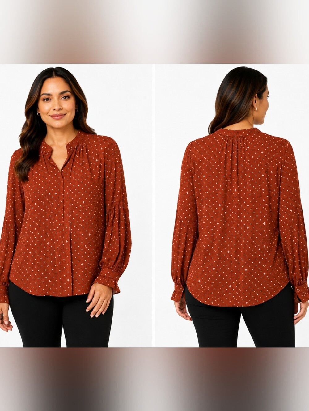 Liz Claiborne Women's Rust Brown Printed Blouse Size Large Long Sleeve Business
